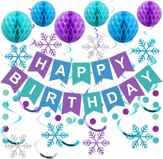 meowtastic Frozen Birthday Party Decorations - Happy Birthday Banner with Honeycomb Balls, Snowflake Hanging Swirls Streamers, Circle Dots Garland Decorations - Party Decorations for Boys Girls
