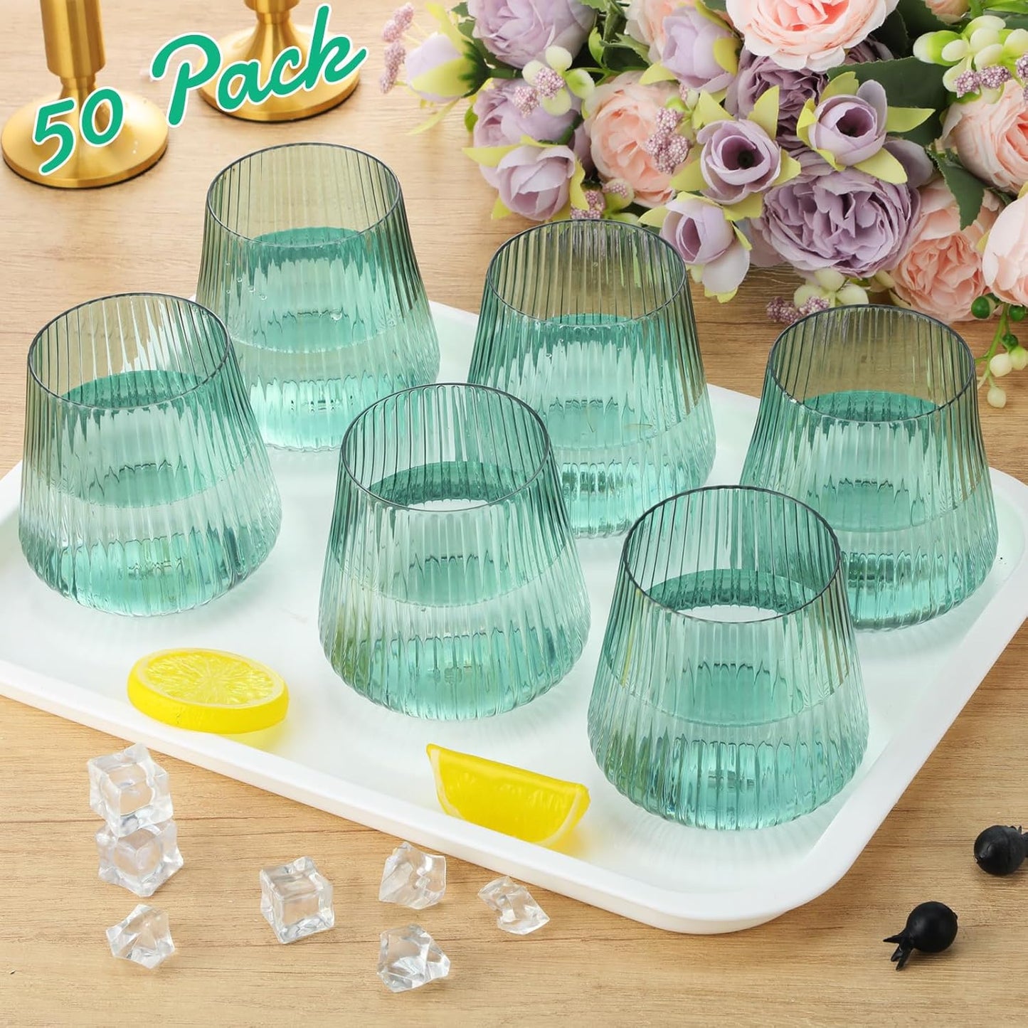 Suclain 50 Pcs Plastic Wine Glasses Ribbed Stemless Wine Glasses 14oz Vertical Design Unbreakable Cups for Outdoor Indoor Vintage Elegant Champagne Whiskey Cups for Party Wedding (Green)