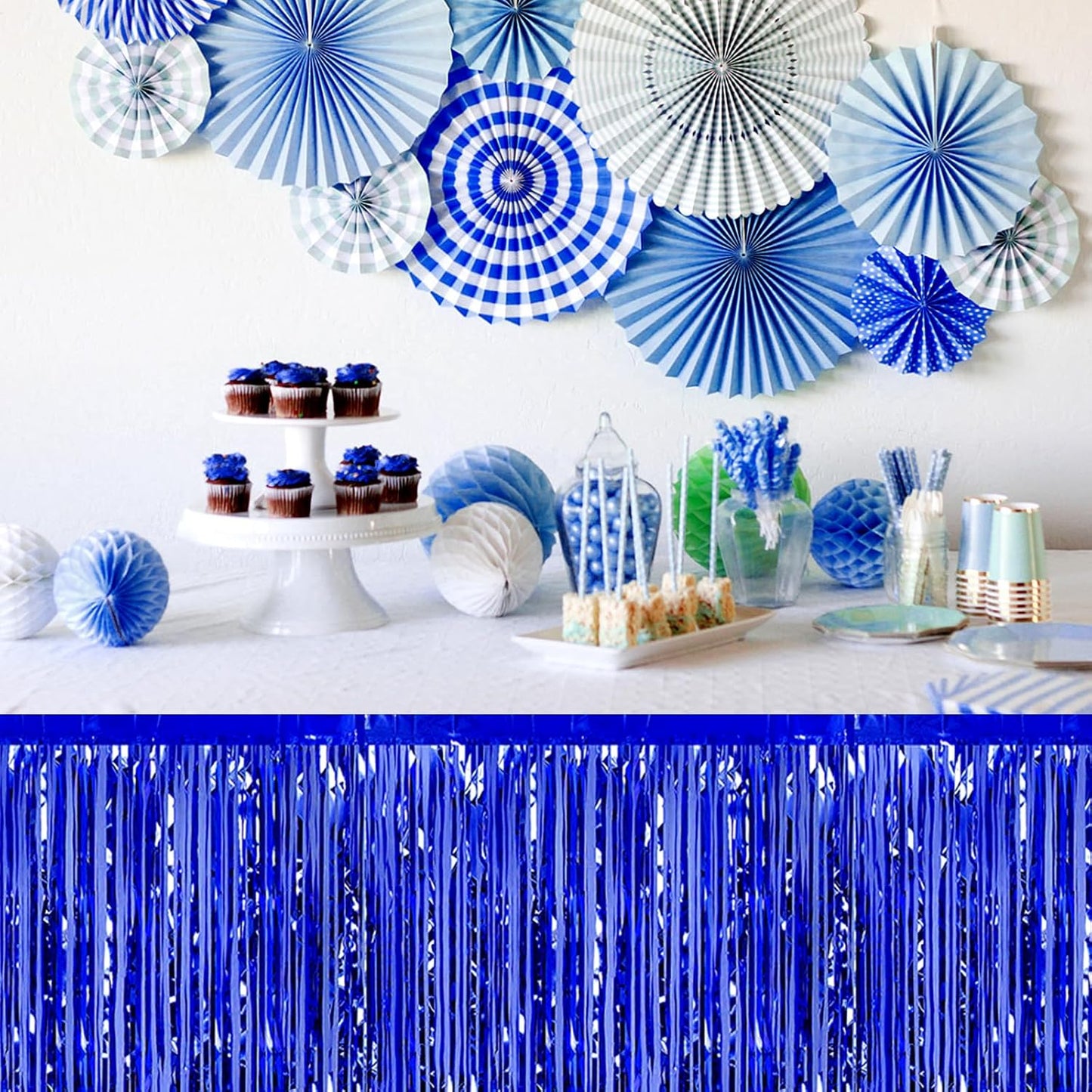 3 Pack 29 x108 Inch Blue Foil Fringe Table Skirts Metallic Banner for Tinsel Streamer Garland Backdrop for Parade Floats Wedding Thanksgiving Birthday Christmas Halloween New Year Party Decoration