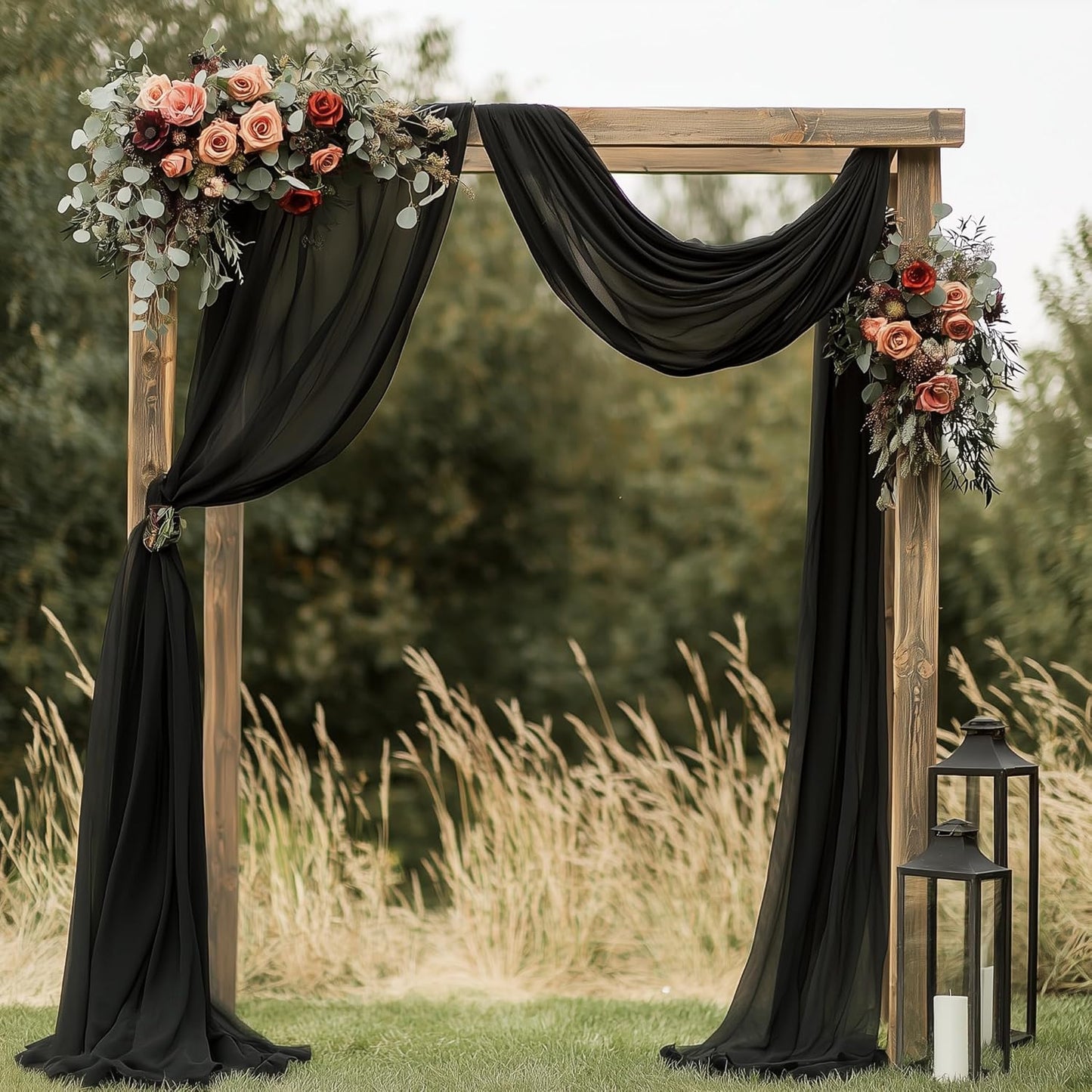 Wedding Arch Draping Fabric 3 Panels 28.7" x 20FT Black Sheer Chiffon Backdrop Drapes for Wedding Ceremony Birthday Party Bridal Shower Outdoor Decoration