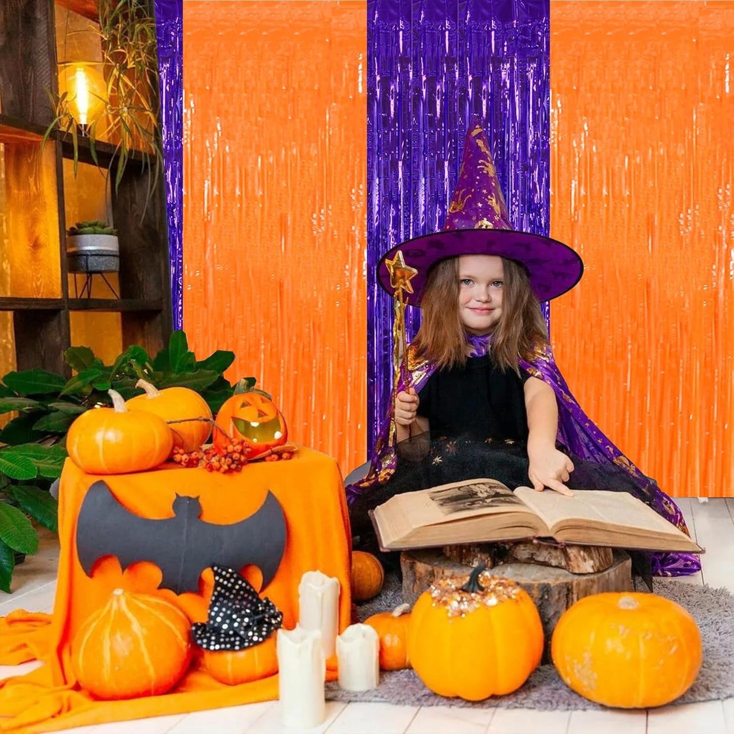 BEISHIDA 2Pcs Orange Purple Door Streamer Happy Halloween Backdrop Foil Fringe Tinsel Horry Party Curtains Backdrops for Horry Party Hallowen Decoration (3.28 ft x 6.56 ft)