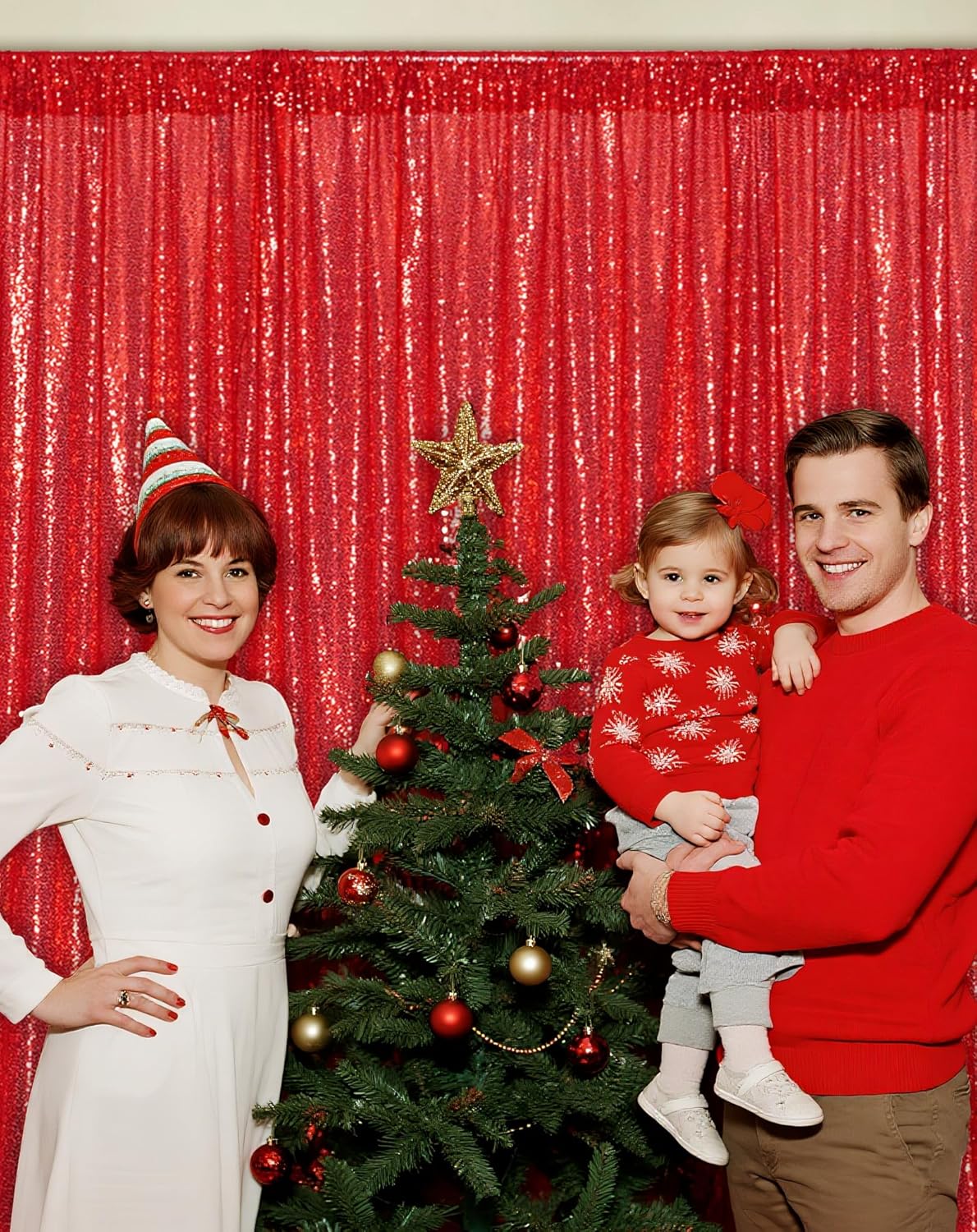 Eternal Beauty Red Sequin Backdrop, 8x8 Ft Glitter Background Curtains for Christmas Shimmer Photography Party Wedding Birthday Back Drop Decor