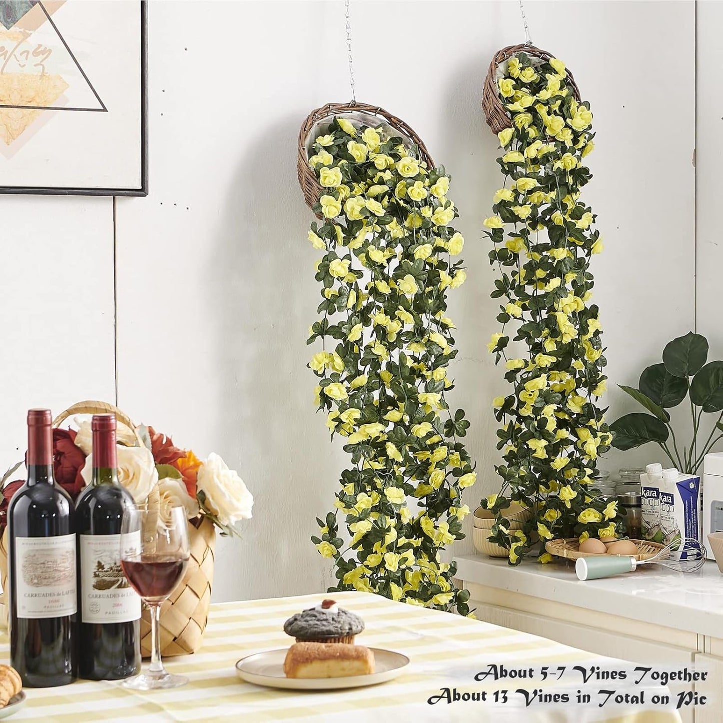 8 Pcs x 8.2 ft Flower Garland Artificial Rose Vine Flowers with Green Leaves Hanging Fake Roses Vine for Room Party Home Wedding Birthday Christmas Wall Arch Decor, Spring Yellow Flower