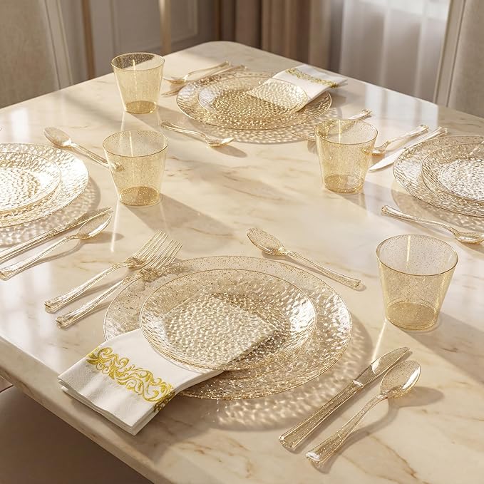 Rubtlamp 350 Pcs Gold Glitter Plastic Plates, Hammered Disposable Plates Set (50 Guests), Glitter Dinnerware Set Include 100 Plastic Plates, 150 Glitter Silverware, 50 Cups And 50 Napkins for New Year