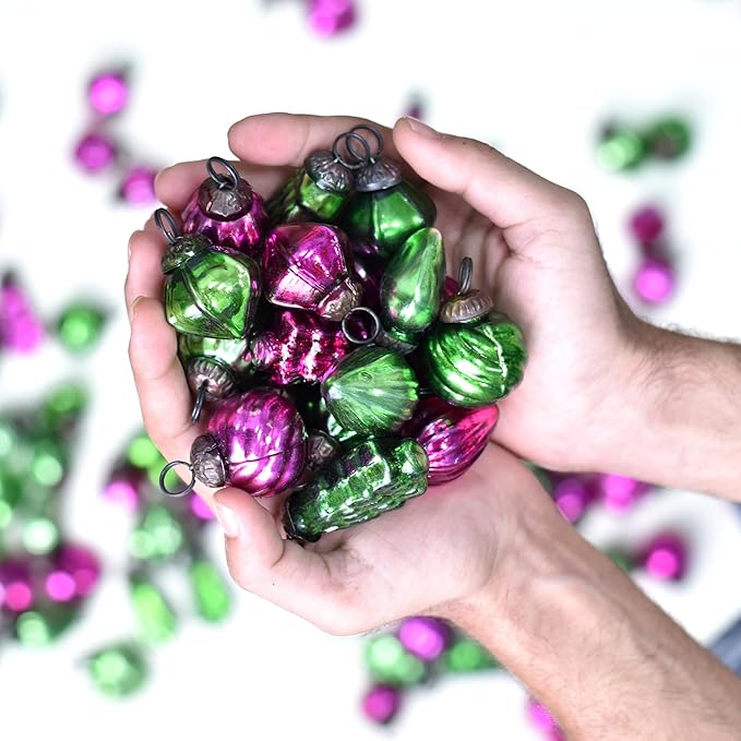 IndianShelf 200 Pieces Pink & Green Glass Vintage Christmas Ornaments Mini Bulk Decorative Ornaments for Halloween, Christmas Tree, New Year, Valentine Day, Holidays, Event and Wedding (25 * 8 Boxes)