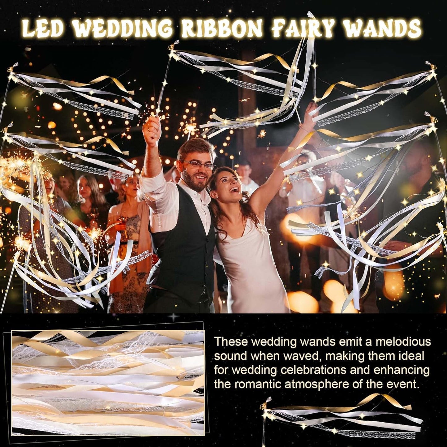 100 Pcs Wedding Wands Ribbon Streamers with 3 Colorful Flashing Modes, Light up LED Silk Fairy Wands, Glow Lace Stick with Bells for Wedding Reception, Graduation, New Year, Birthday Party (Champagne)