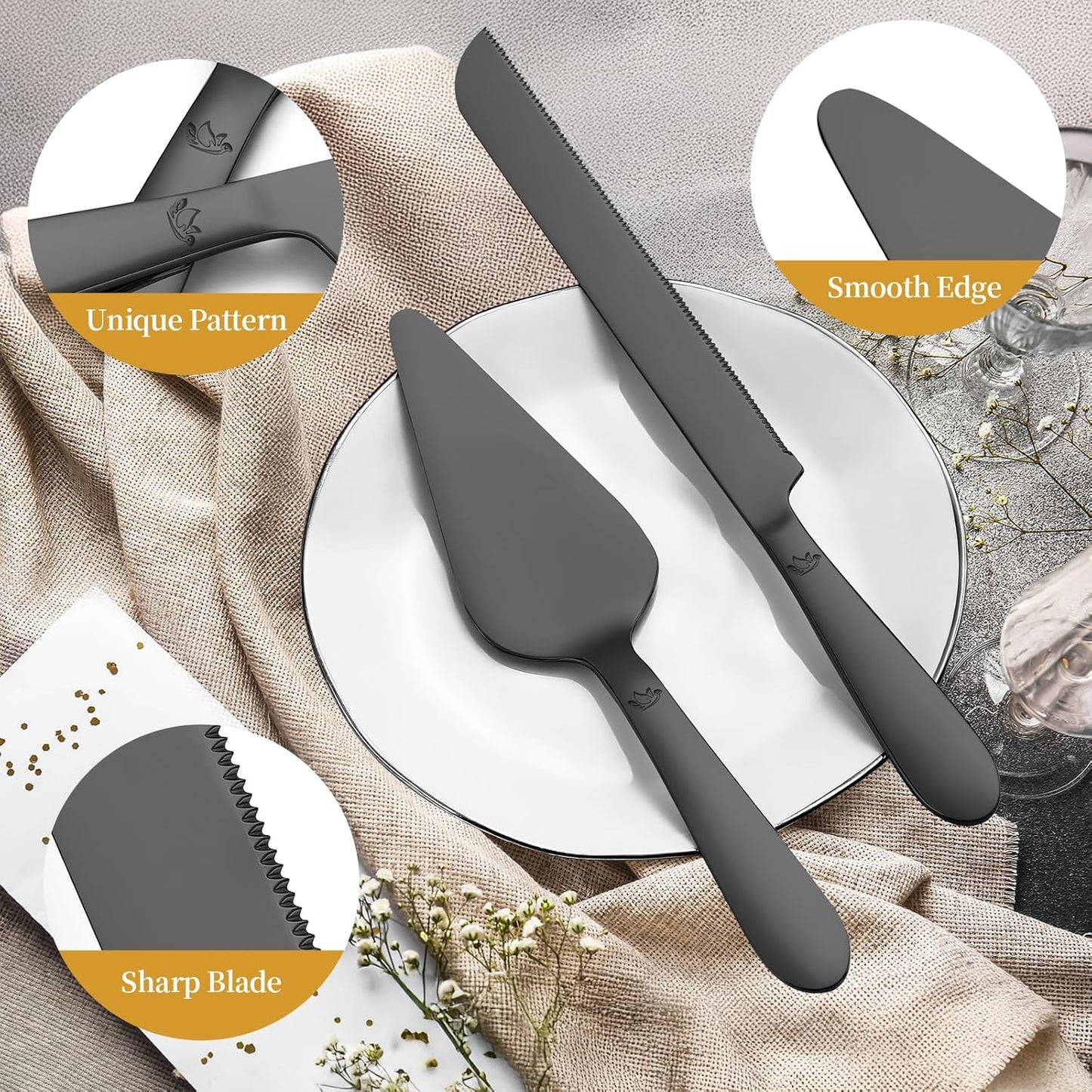 Cake Cutting Set for Wedding - Extended Cake Knife and Server Set Thickened Stainless Steel 13.0" Cake Cutter 10.49" Pie Spatula Great for Birthday Anniversary Christmas Gift 2 Pcs Matte Black