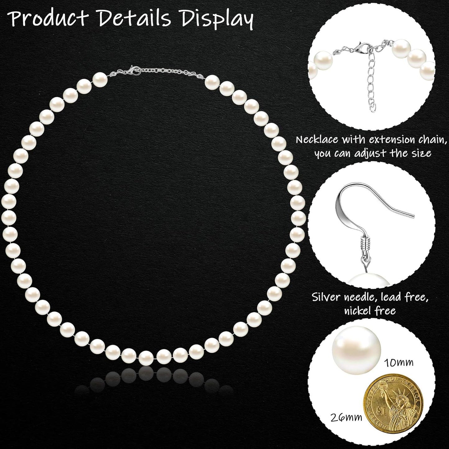 4 Pcs 1920s Faux Pearl Costume Jewelry Set for Women Halloween Simulated Necklace Bracelet Earrings for Wedding