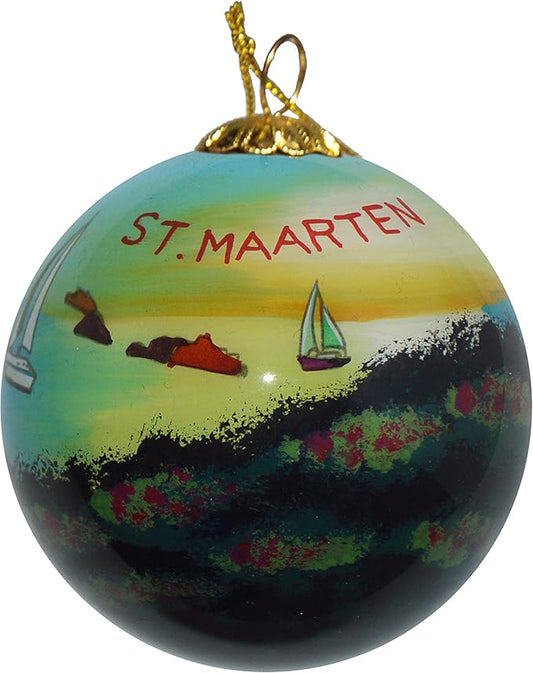 Hand Painted Glass Christmas Ornament - Sailboats View from Hill St. Maarten
