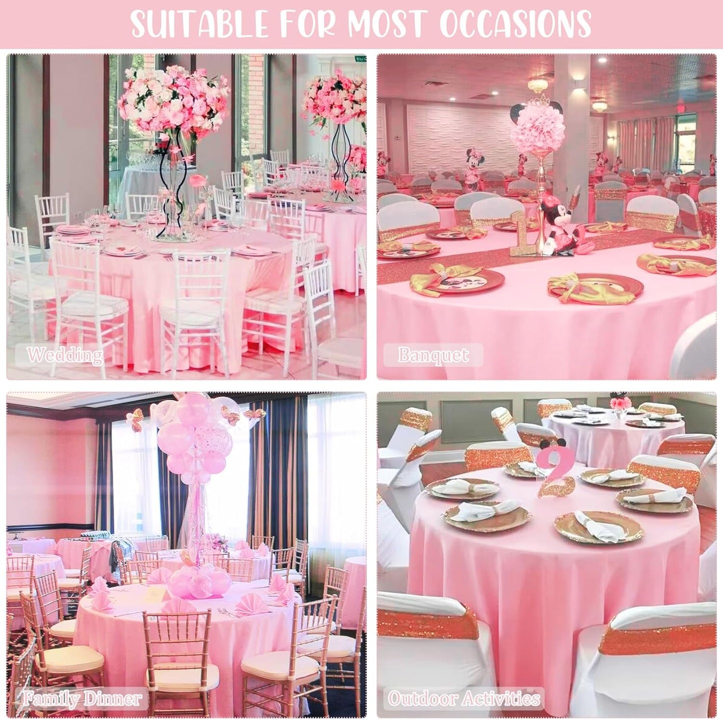 8 Pack Premium Pink Tablecloth - 108 Inch Round Table Covers - Washable Polyester Fabric - Wedding Party Reception Banquet Buffet Restaurant