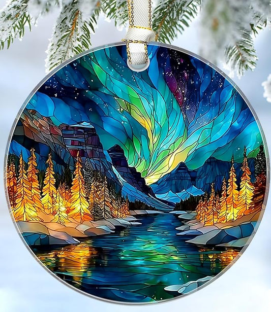 Northern Lights Christmas Ornaments 2025, Stained Glass Christmas Tree Decorations, Exchange for Women, Men, Collectible Dated Year Ornaments for Tree - Glass Hanging Ornament