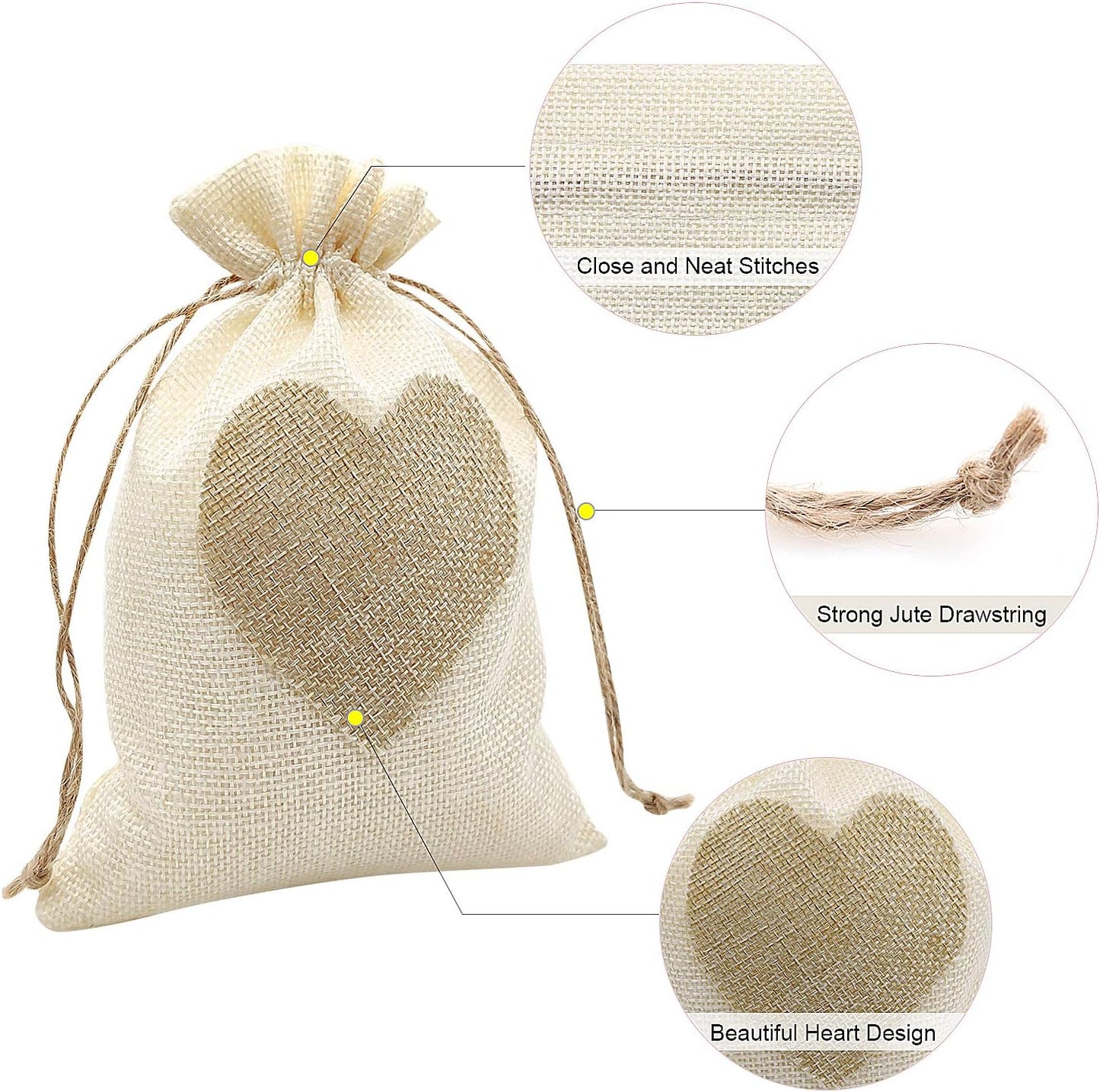 SumDirect Heart Burlap Bags with Drawstring - 36Pcs 5x7Inch Beige Small Linen Gift Pouch for Wedding, Baby shower Favor Gift Bags