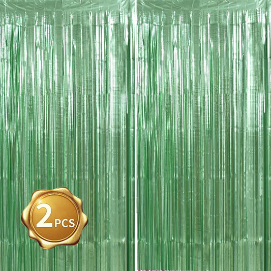 BEISHIDA 2 Pcs Light Green Door Streamers Tinsel Curtain Party Backdrop Fringe Foil Wall Background for Birthday Halloween Christmas Wedding Boys Babyshower Party Decoration(3.28 ft x 6.56 ft)