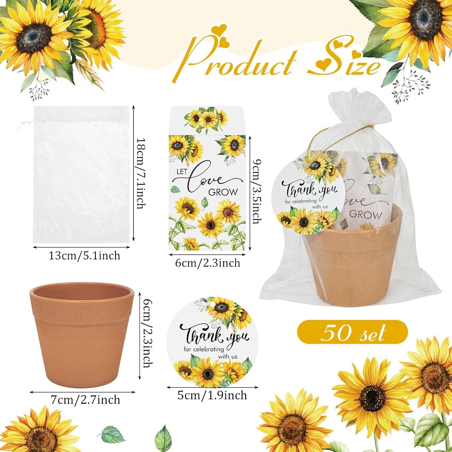 Cinrobiye 50 Sets Let Love Grow Wedding Favors for Guests Seed Packet Bags (Seed Not Include) with Tags & Labels Flowerpot for Bridal Shower Party Favors Bulk Wedding Souvenirs for Guests (Sunflower)