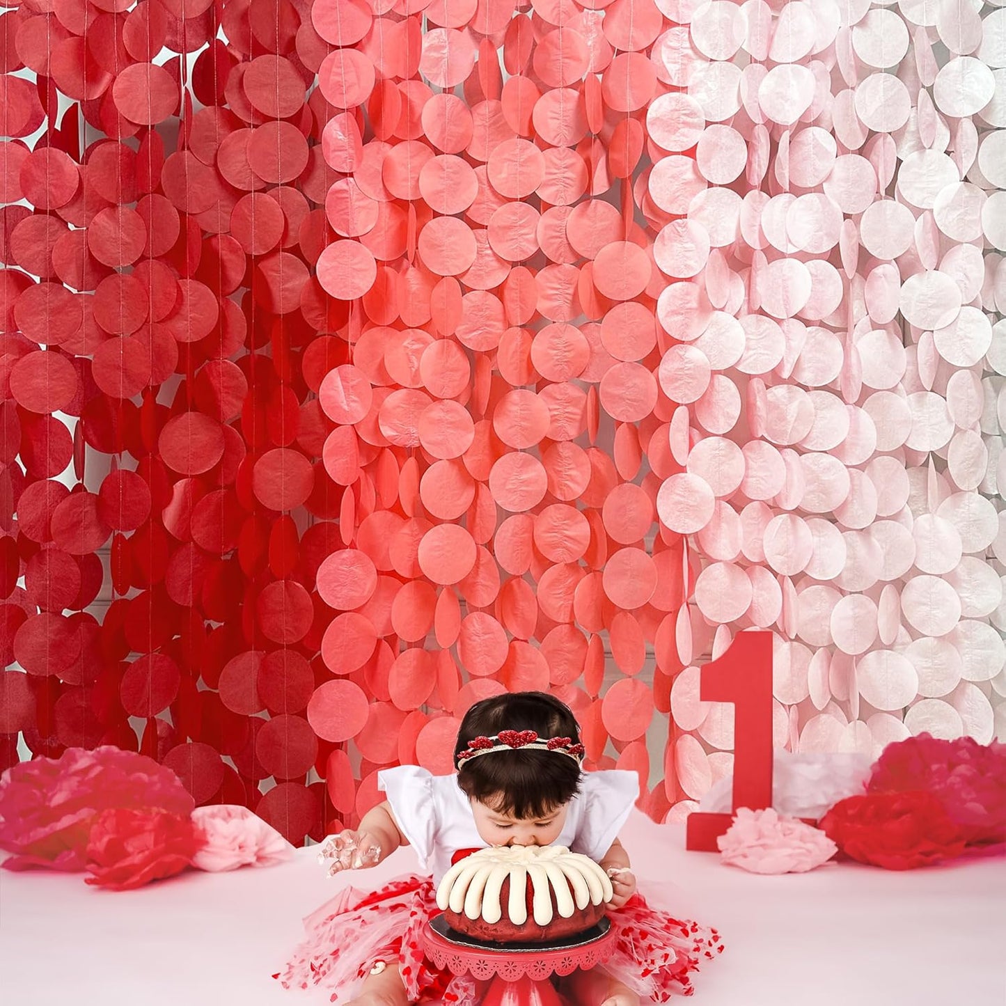 192 Ft Red Party Decorations Ombre Red Polka Dot Backdrop Streamer Tissue Paper Circle Dots Hanging Garland for Birthday Graduation Engagement Wedding Anniversary Valentines Holiday Hen Party Supplies