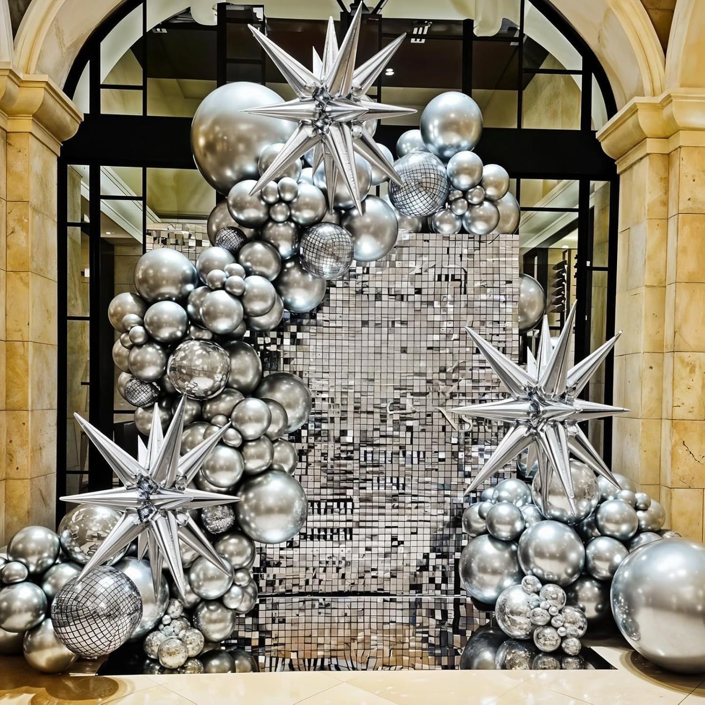 6Pcs 22 Inch Silver Balloons, Disco Ball Balloons with Silver Round Foil Balloon, 70s 80s 90s Theme Large Metallic Disco Balloon for Dance Bachelorette Graduation Birthday Party Supplies