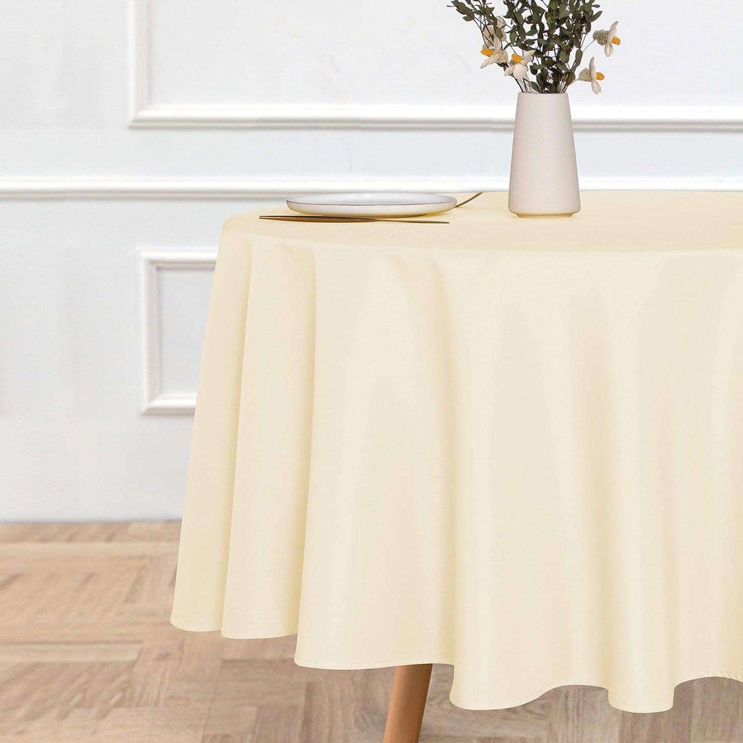 sancua Round Tablecloth - 90 Inch - Water Resistant Spill Proof Washable Polyester Table Cloth Decorative Fabric Table Cover for Dining Tables, Buffet Parties and Camping, Beige