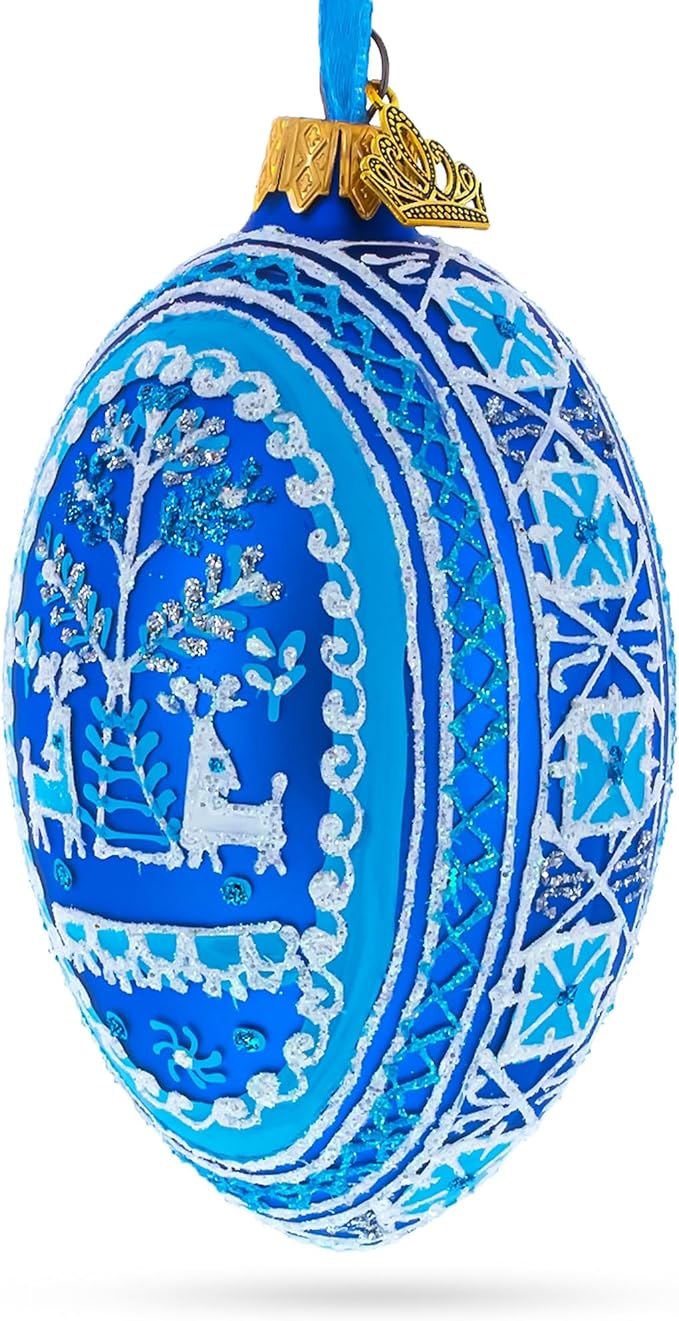 Two Deer in Forest Ukrainian Glass Egg Ornament 4 Inches