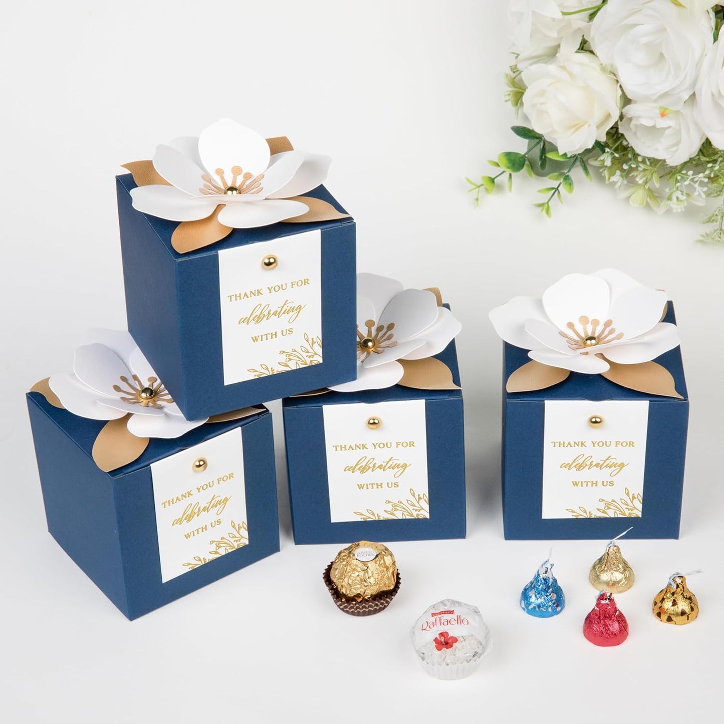 FEIYI 20 PCS Navy Blue Gift Boxes, 3 In 1 Favor Boxes with Floral Decor, White Thank You Tags Cupcake Containers Gift wrapping for Wedding, Baby Shower, Birthday, Decorations Party - 3.55x3.55x3.55