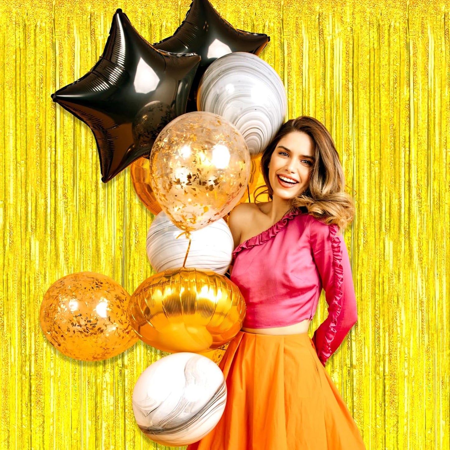 3 Pack Gold Foil Fringe Curtain Backdrop, 3.28Ft x 8.2Ft Metallic Tinsel Foil Fringe Streamer Curtains for Photo Booth, Mother's Day, Easter, Birthday, Wedding Party Decorations