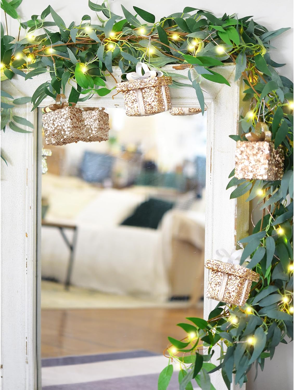 Artificial Willow Garland with Lights & Ornaments – 2-Pack Lighted Greenery Vine, Battery Fairy Lights with Remote & Timer for Mantels, Weddings, Fireplace, Holidays, Parties & Everyday Home Decor