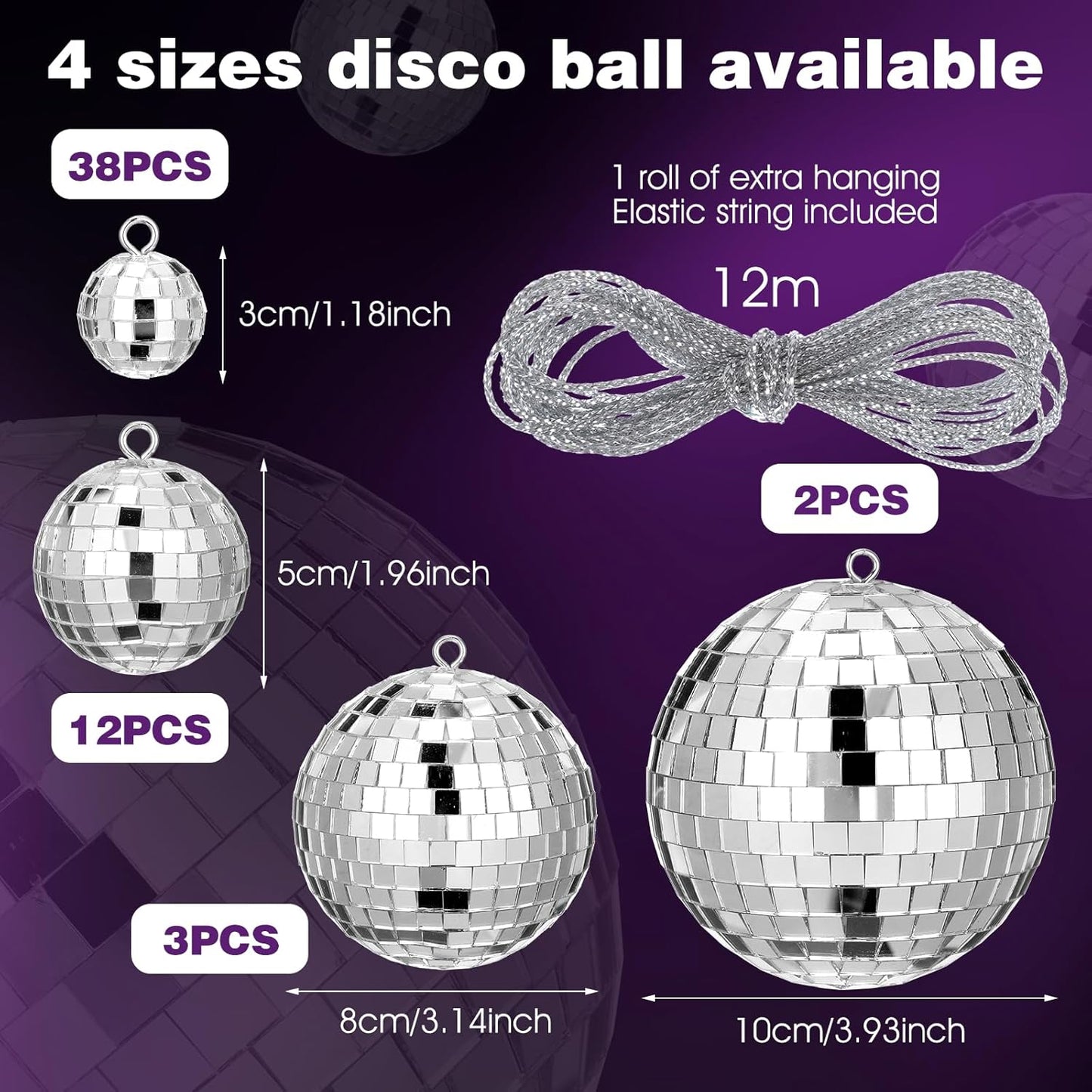 55Pcs Disco Ball Decor Hanging Mirror Disco Ball, 4Sizes Glitter Silver Mini Discos Balls Ornaments with Rope for 70s Discos Themed Birthday Party Supplies Christmas Tree Decors