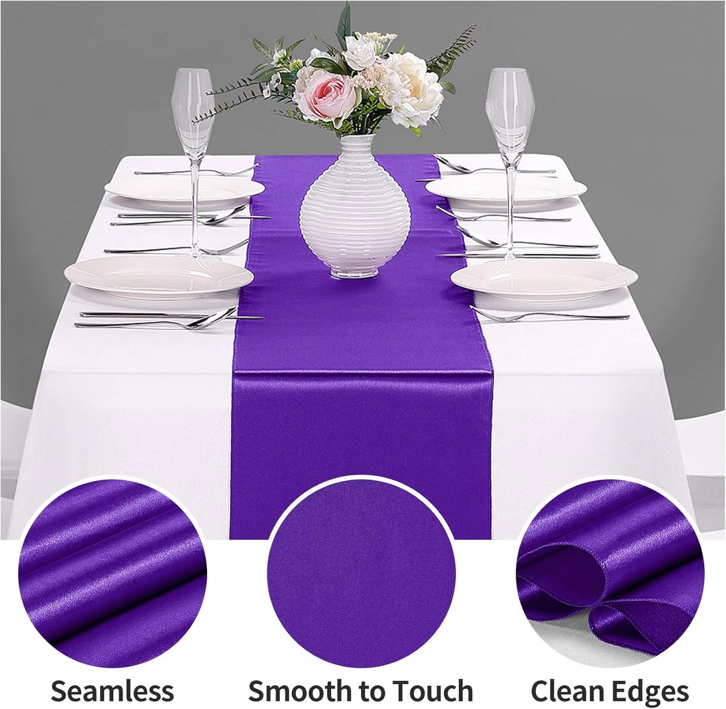 5-Pack Satin Table Runner Purple 12 x 108 inches Long, Table Runners for Wedding, Birthday Parties, Banquets Decorations（5 Pack, 12x108 Inch, Purple）