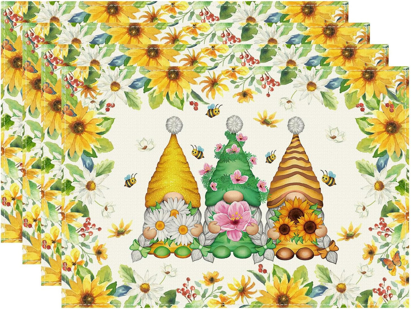 XCHI Daisies Flowers Gnomes Spring Placemats Set of 4 Table Mats Summer Seasonal Table Decorations 12x18 Inch