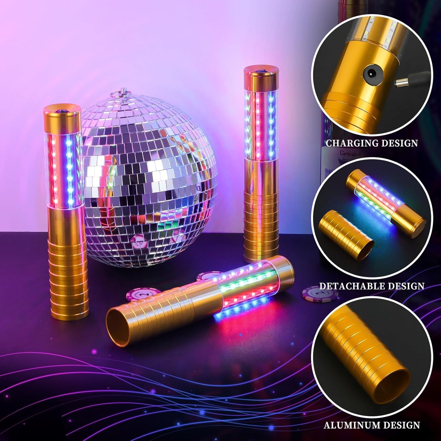 8 Pieces RGB LED Strobe Baton Light Rechargeable Bottle Service Sparklers Stick Reusable Champagne Bottle Handheld LED for Club Stage Nightclub Party Concert Event Bar Outdoor - Gold