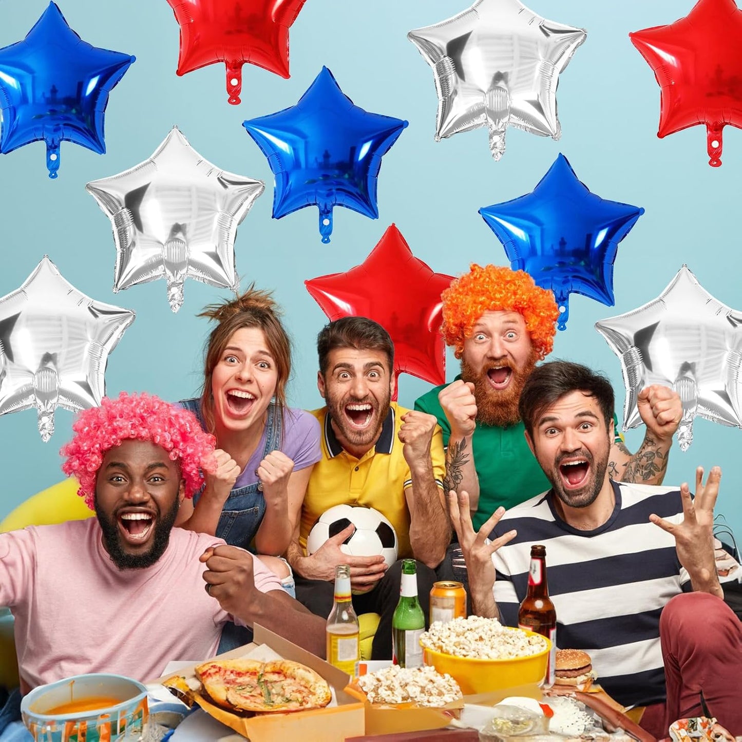 Blue Red Star Balloons, 18 Inch 12Pcs Navy Blue Red and Metallic Silver Stars Shape Foil Balloons, Helium Pentagram Balloon for Kids Cartoon Birthdays Graduation Baseball 4th of July Independence Day