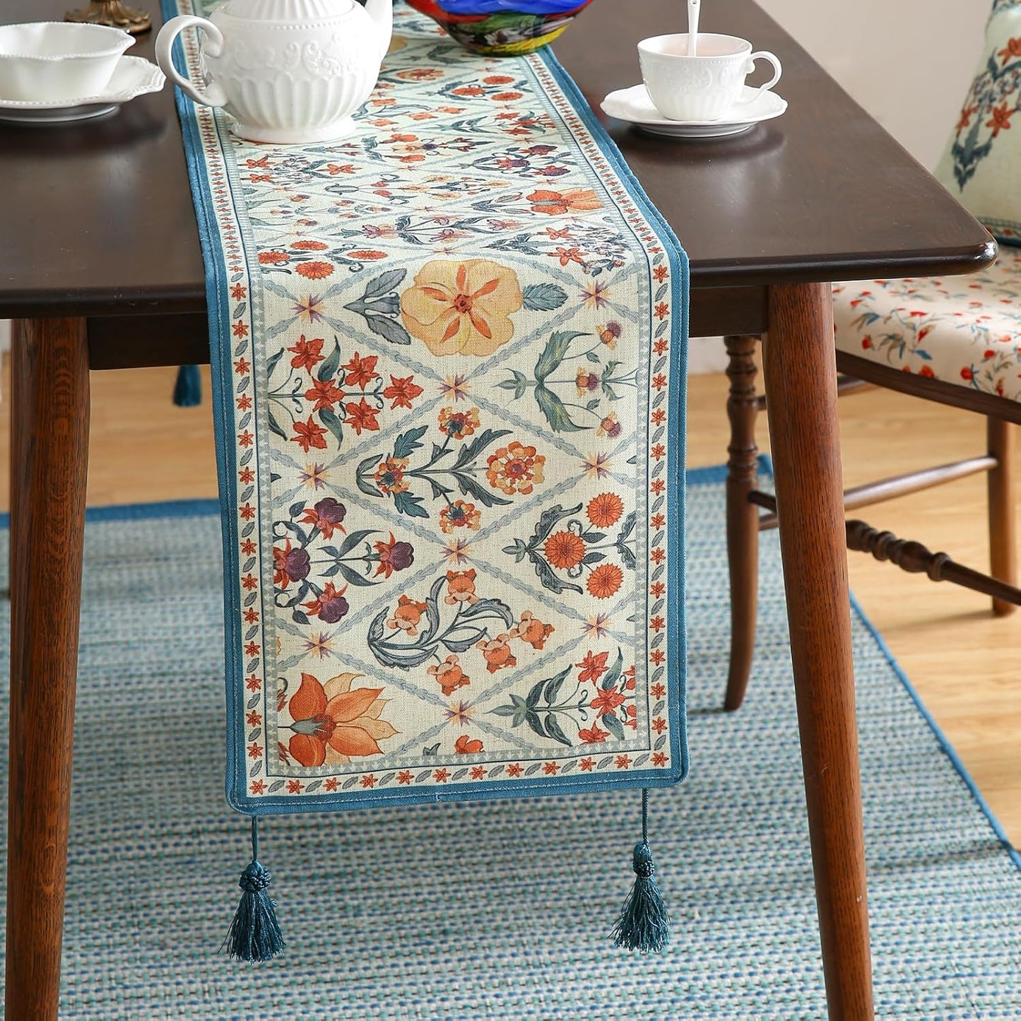 ISAENNE Designer Bohemian Elegant Linen Table Runner 102 Inches Long,Colorful Flower Pattern Table Runners for Dining Tables,Thanksgiving,Kitchen Tables,Christmas,12"*102"-Floralsea A