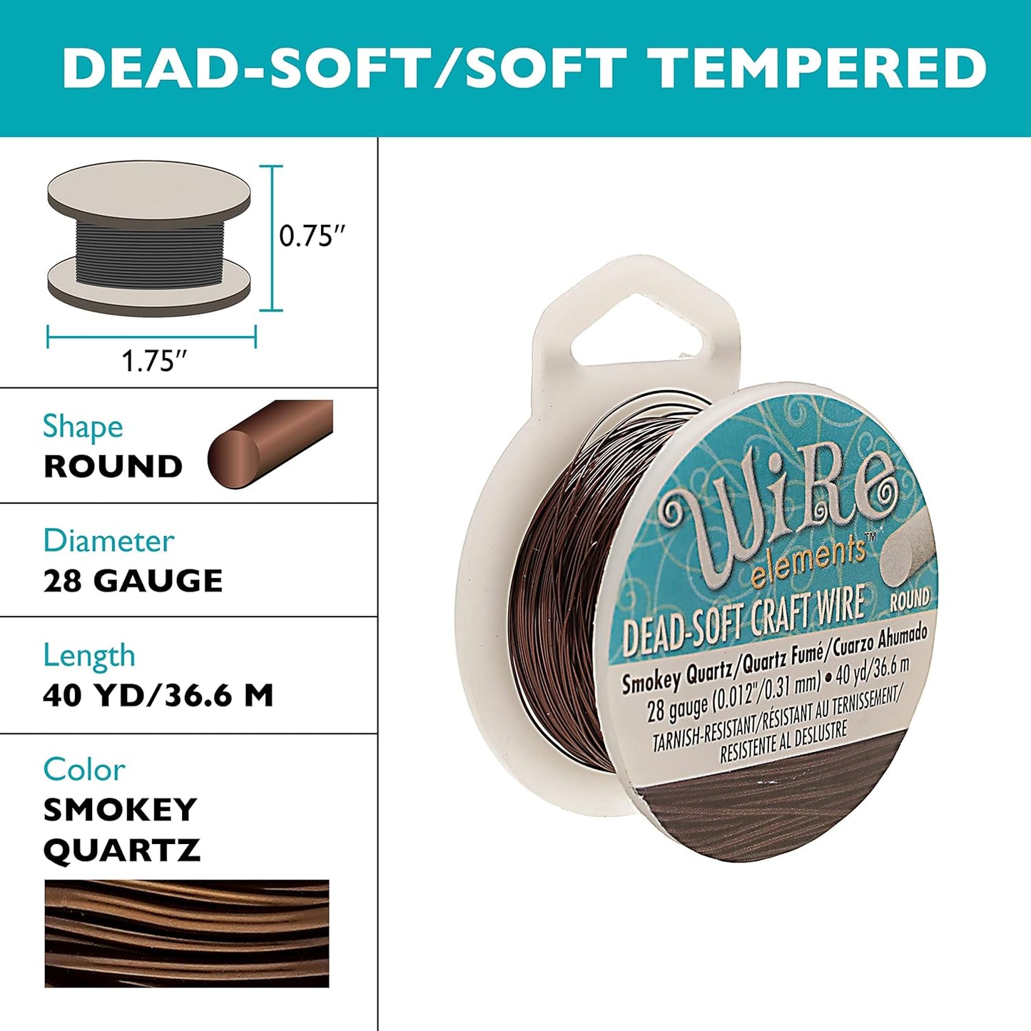 The Beadsmith Wire Elements Craft Wire – Tarnish Resistant, Soft Temper, Round, Smoke Quartz Color – 0.32mm, 28 Gauge, 40 Yard Spool – Jewelry Making, Wire Wrapping, & Other DIY Crafts