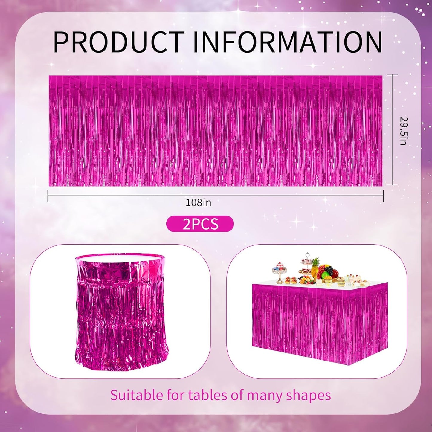 BEISHIDA 2 Pack Metallic Tinsel Foil Fringe Table Skirts for Rectangle & Round Tables Hot Pink Kids' Birthday, Holiday Cartoon Party Decorations for Birthday Valentines Baby Shower Festive Events