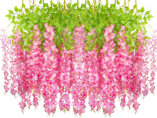 24 Pack Artificial Fake Wisteria Vine Ratta (3.75 Feet) Hanging Garland Silk Flowers String Home Party Wedding Decor (Deep Pink)