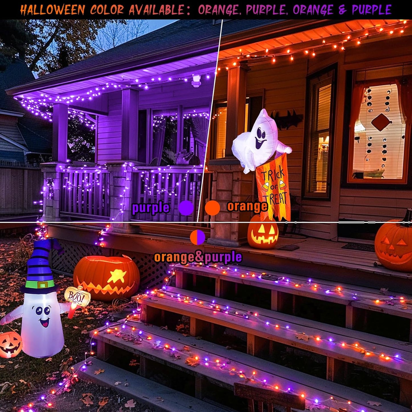 JMEXSUSS 168ft 600 LED Halloween Decor Lights Outdoor Clear Wire, Orange Purple String Lights Indoor Plug in,Halloween Lights for Tree Porch Yard Decorations