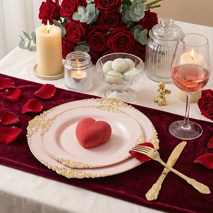 125PCS Pink and Gold Plastic Plates - Pink Disposable Plates - Vintage Plate with Gold Plastic Silverware Set for 25 Guests for Weddings Valentine's Day Parties