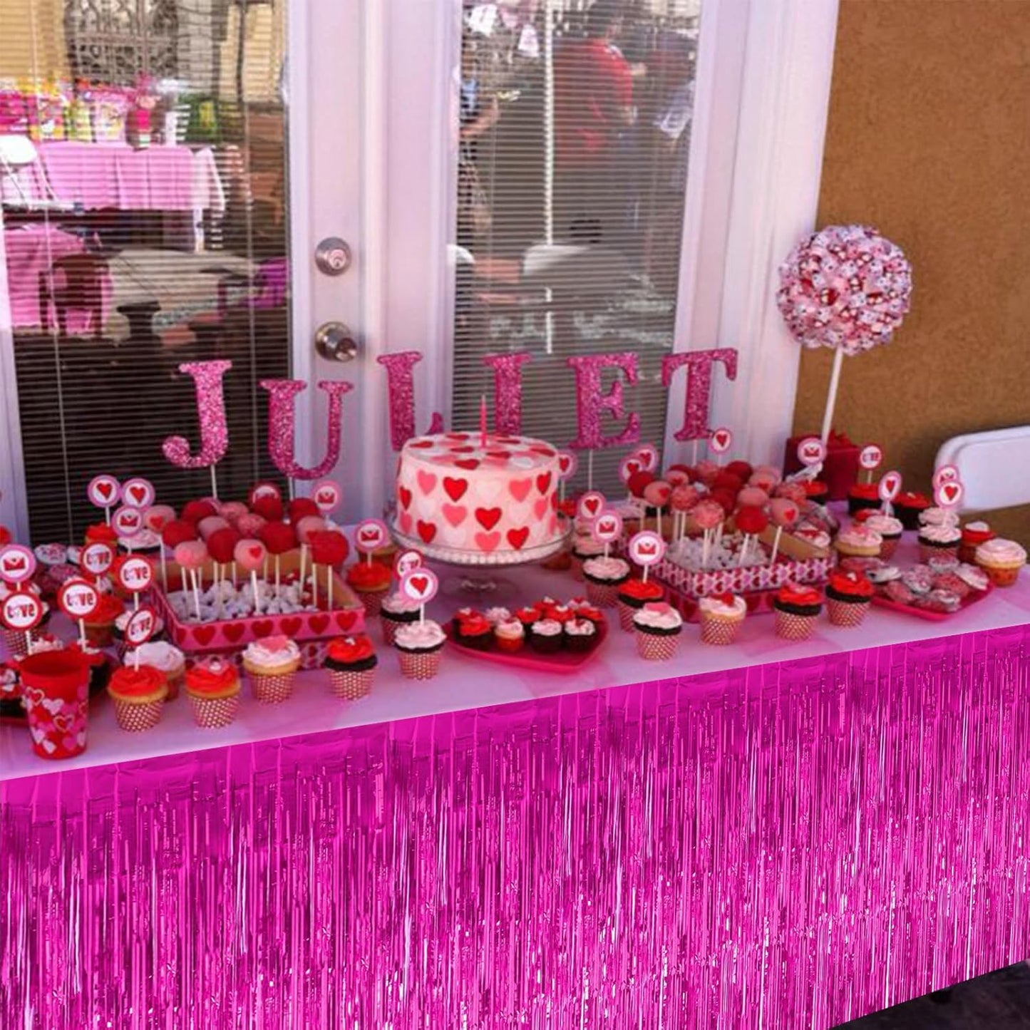 BEISHIDA 2 Pack Metallic Tinsel Foil Fringe Table Skirts for Rectangle & Round Tables Hot Pink Kids' Birthday, Holiday Cartoon Party Decorations for Birthday Valentines Baby Shower Festive Events