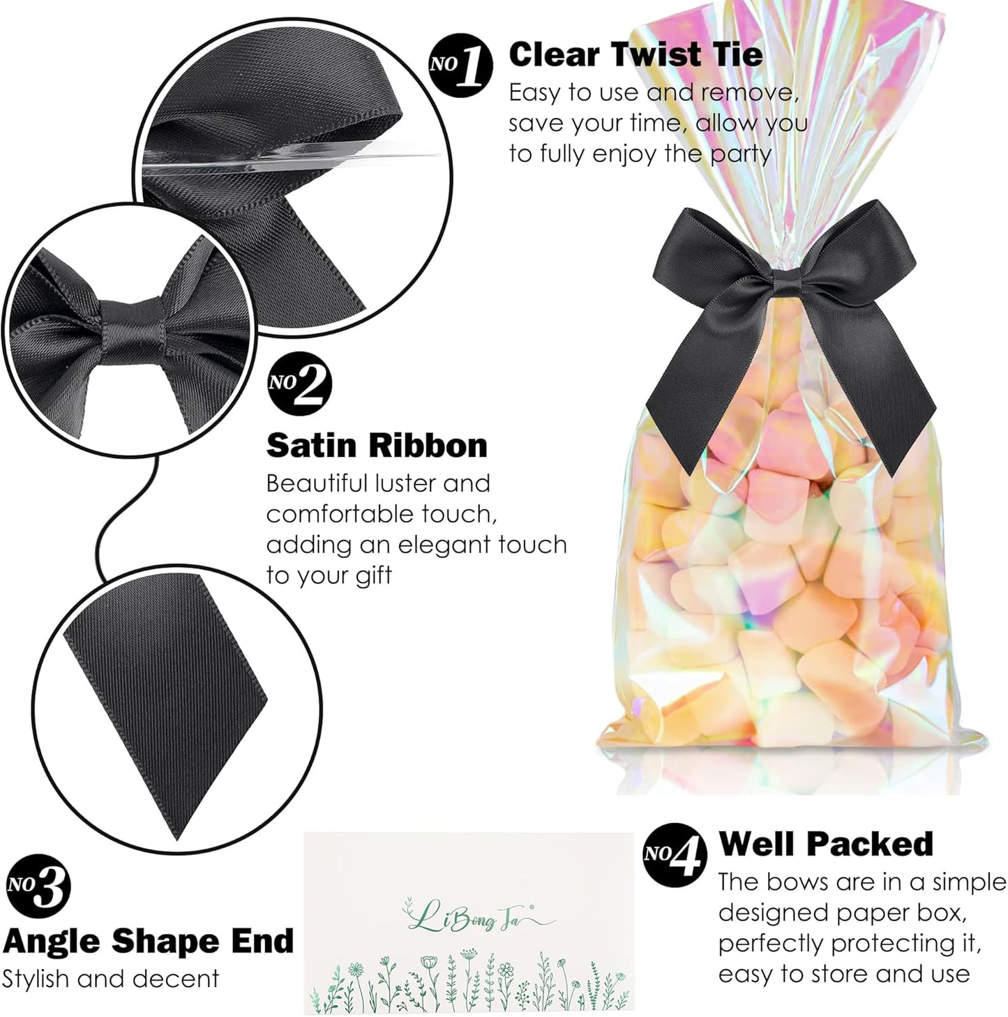 3.5" Black Bow Satin Pre-Tied Bows for Gift Wrapping, Small Bows for Crafts, Premade Bows, Candy Apple Bows, Twist Tie Bows for Cake Decorating, Party Favor, Wedding Decoration-36 Counts