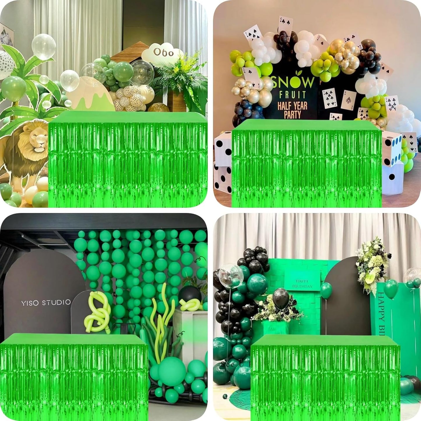 Green Streamers Party Decorations, 2 Packs Green Table Skirts Metallic Foil Fringe Tinsel for Birthday Dinosaur Animal St Patrick's Day Football Mardi Gras Graduation Party Supplies -29x108Inch