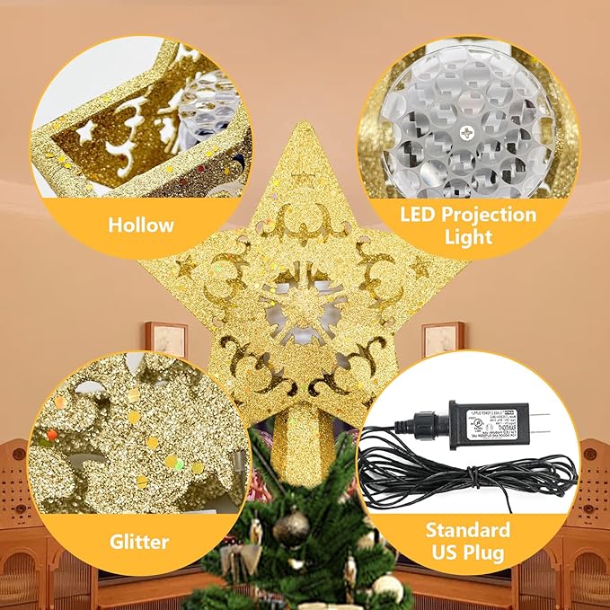 Christmas Star Tree Topper with Rotating LED Projector Lights, 3D Gold Glitter 5-Point Star, Plug-in Tree Top Ornament for Indoor Christmas Tree Decorations Holiday Decor