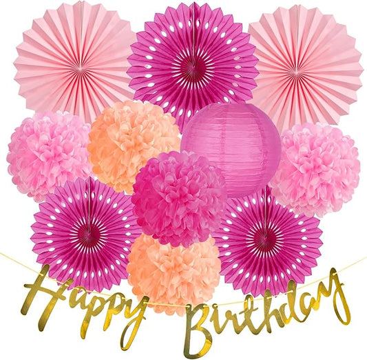 SUNBEAUTY Hot Pink Birthday Party Decorations for Girls Women with Happy Birthday Banner Hot Pink Paper Fans Tissue Pom Poms Lantern Decorations Birthday Decorations Kit