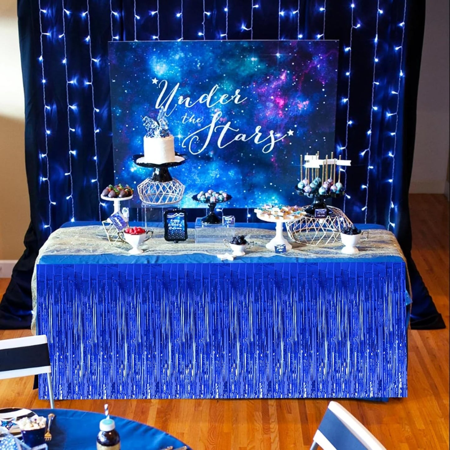 BEISHIDA 2 Pack Dark Blue Table Skirts with Metallic Tinsel Foil Fringe for Rectangle and Round Tables - Birthday & Holiday Party Decorations