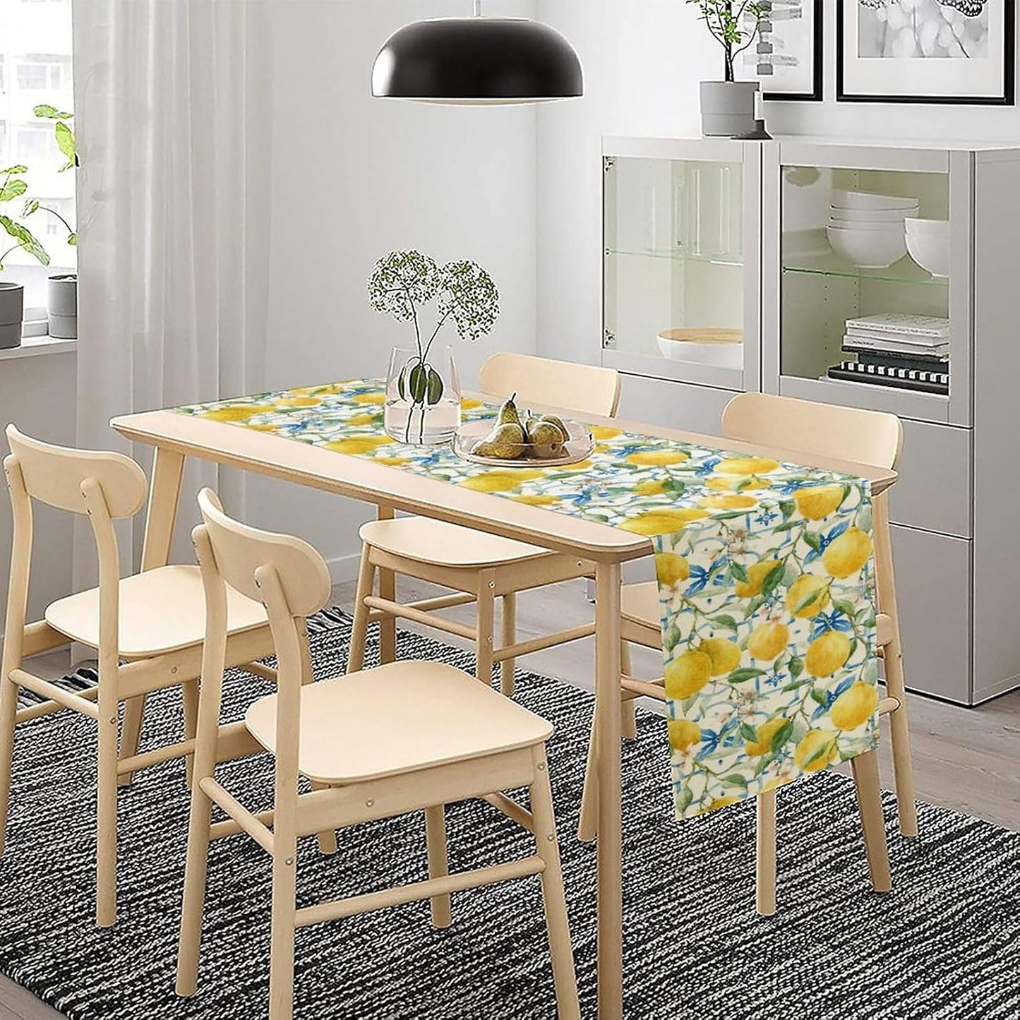 Lemon Table Runner,Watercolor Fruit Green Leaves Spring Summer Table Cloth Kitchen Dining Table Home Party Decoration 13x108 Inch