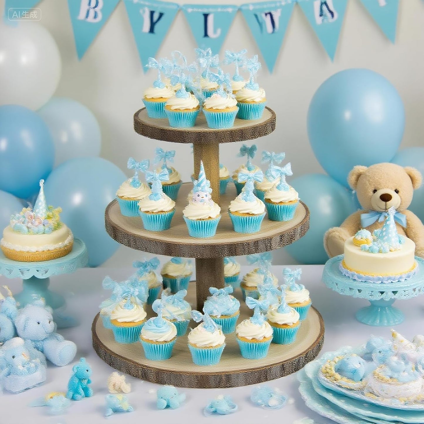 Cupcake Stand Wood Dessert Stands 3 Tier Cupcake Tower Large Cupcake Display Stand Rustic Cupcake Tier Stand for Woodland Baby Shower Decorations,Wedding,Birthday,Party,Farmhouse Decor