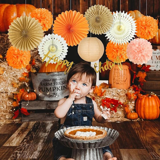 SUNBEAUTY Orange Birthday Party Decorations for Girls Women with Happy Birthday Banner Fall Hanging Paper Fans Tissue Pom Poms Lanterns for Thanksgiving Harvest Friendsgiving Autumn Wedding Decor