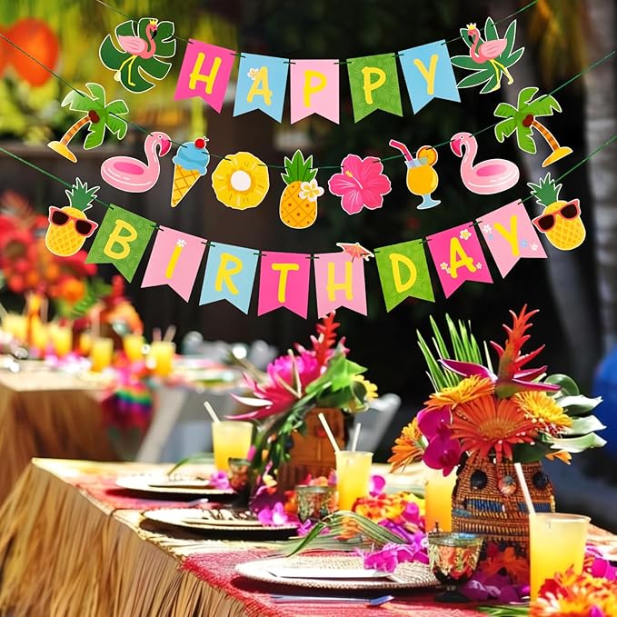 SUNBEAUTY Hawaiian Happy Birthday Banner Tropical Luau Party Birthday Flamingo Pineapple Palm Leaf Banner for Summer Birthday Party Decorations Supplies | Pre-Strung