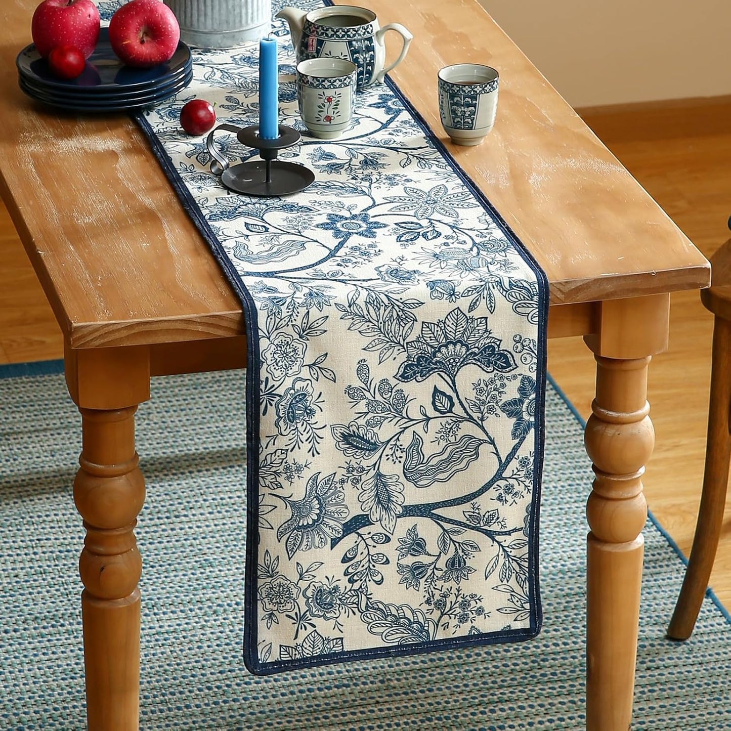 ISAENNE Designer Chinoiserie Elegant Linen Table Runner 71 Inches Long,Blue Floral Pattern Decor Table Runners for Thanksgiving,Dining Room,Banquet,Kitchen Tables,Christmas,12"*71"-Ruyi B