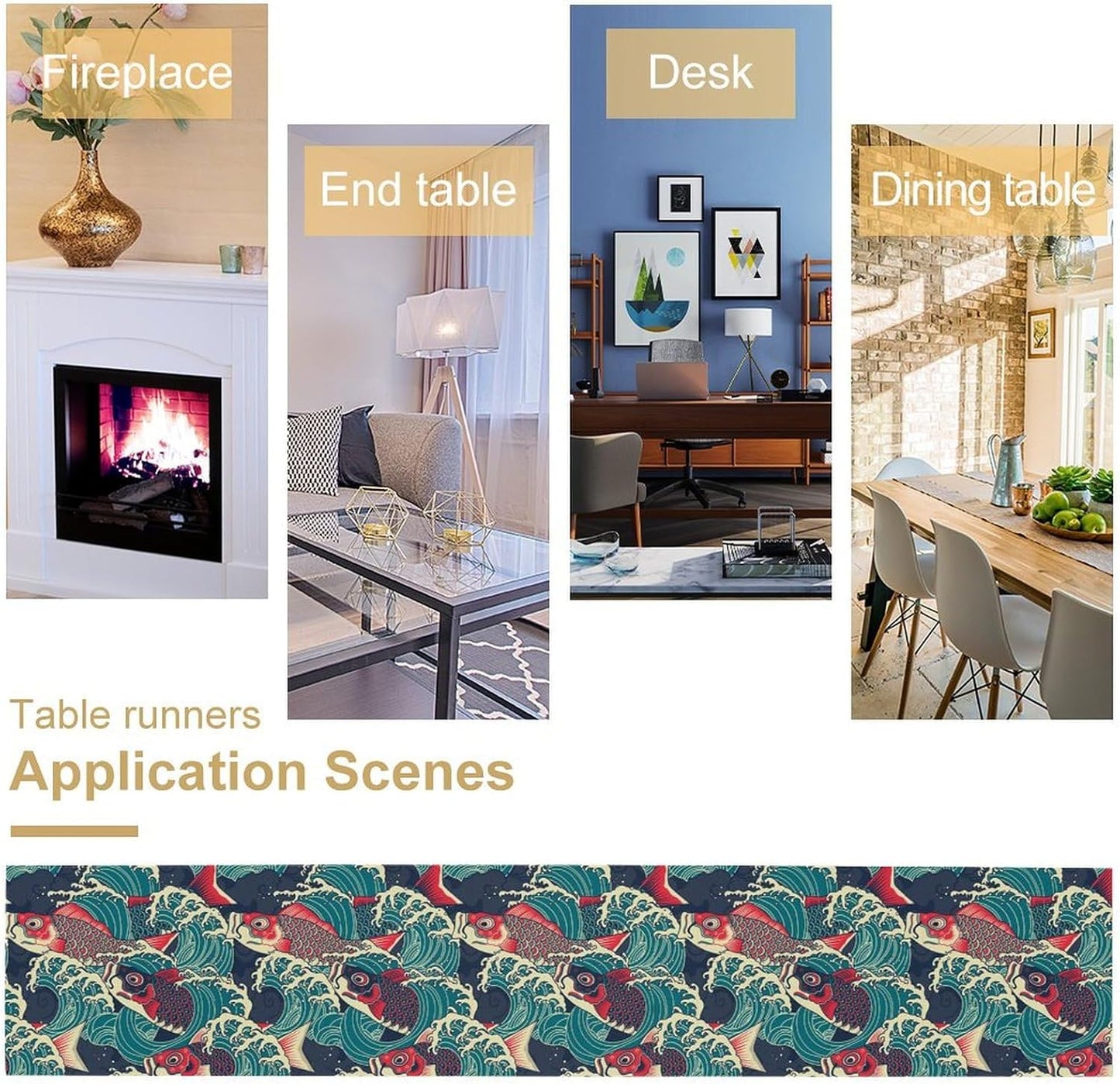 Kio Fish Table Runner Waves Japanese Tradition Art Printed Burlap Runner Home Kitchen Dining Table Living Room Decor Fabric 1 Panel W13xL90in