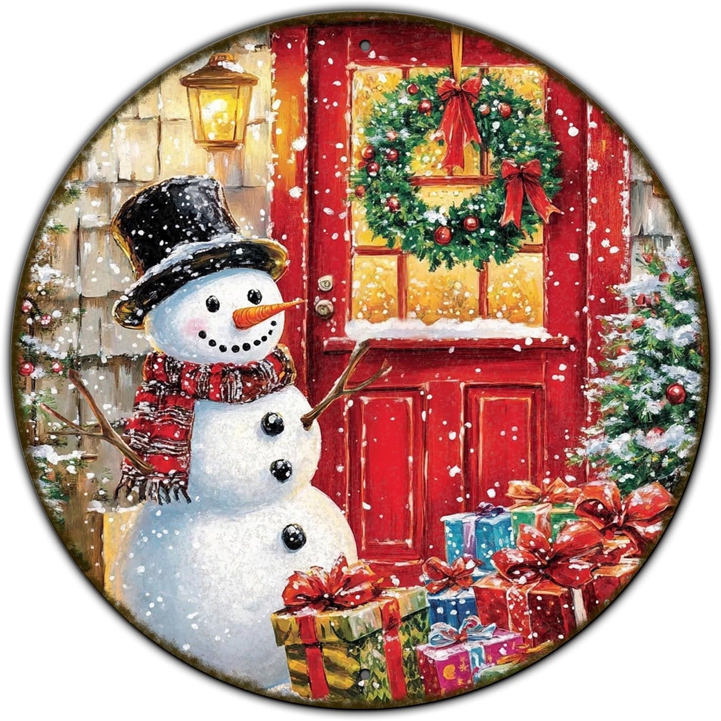 Round Wall Decor Christmas Metal Tin Sign Snowman Sign Rustic Wall Decor Wall Plaque Snowman Wreath Sign for Christmas Round Wreath Wall Decor Vintage Garage Yard Home Decor 12 * 12 in