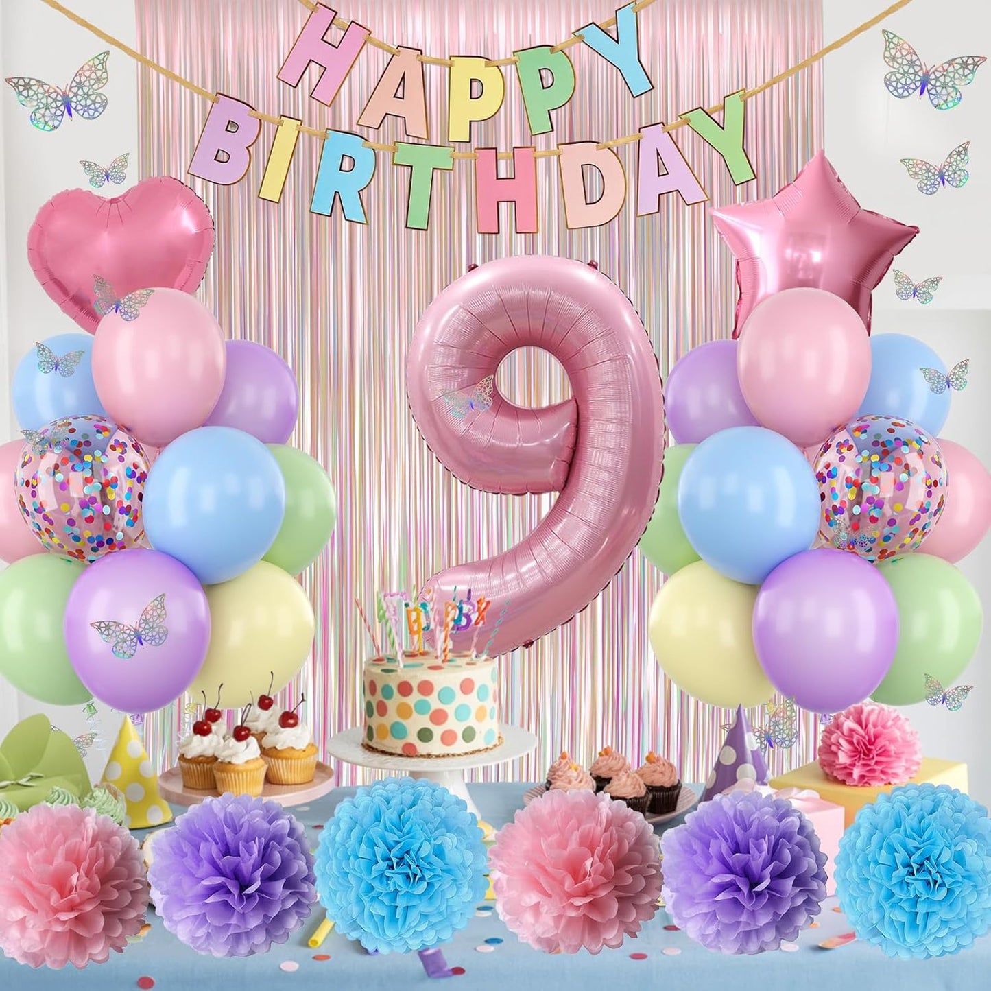 Pastel 9th Birthday Party Decorations for Girls Number 9 Balloon Happy Birthday Banner Butterfly Stickers Fringe Curtain Paper Pom Poms Macaron Pink Star Heart Foil Colorful Balloons 9 Year Old Decor
